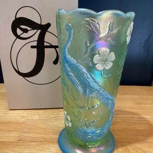 Rare vintage Fenton glass peacock vase out of box for picture. Carnival glass